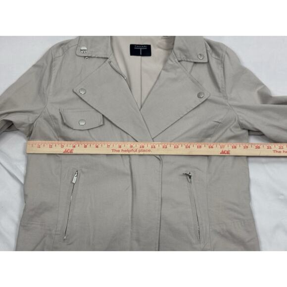 Tahari Women’s M Linen Tan Gray Moto Zip Up Jacket Utility Biker Western - Picture 3 of 8